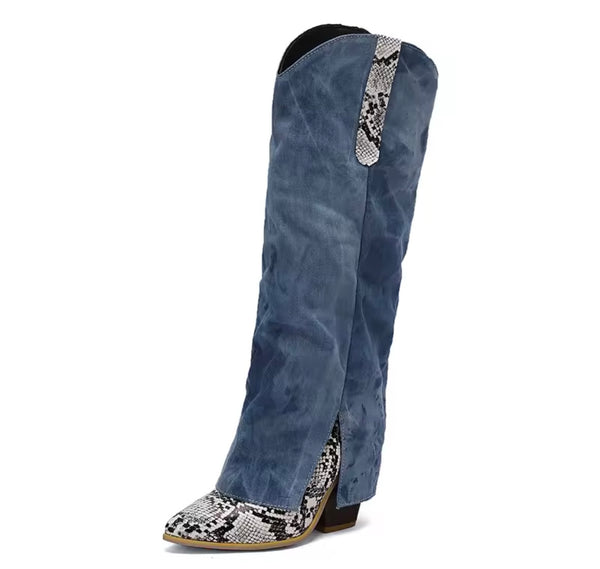 Women Fashion Color Animal Print Denim Knee High Western Boots