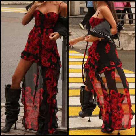Women Sexy Sleeveless Ruffled Printed Asymmetrical Dress