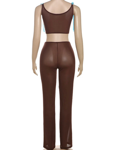 Women Brown Blue Bow Mesh Sexy Sleeveless Two Piece Pant Set