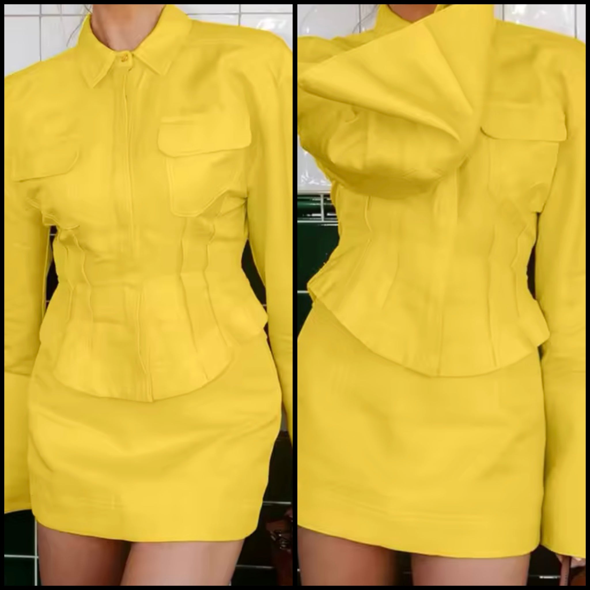 Women Sexy Yellow Button Up Full Sleeve Two Piece Skirt Set