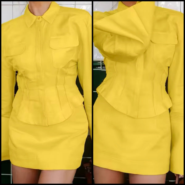 Women Sexy Yellow Button Up Full Sleeve Two Piece Skirt Set