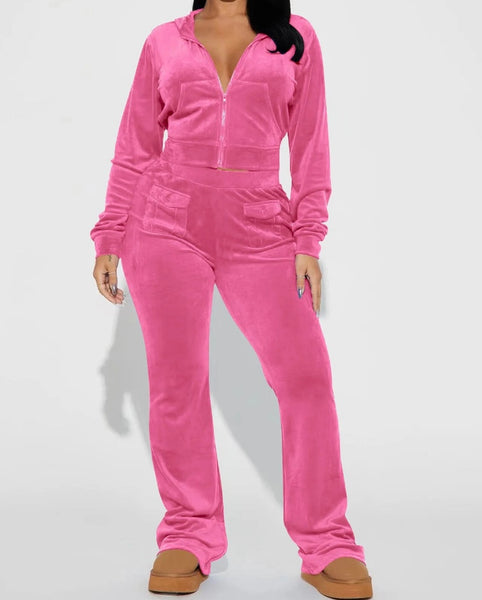 Women Solid Color Hooded Velour Two Piece Tracksuit Pant Set