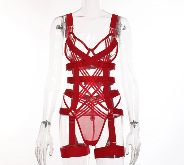 Women Sexy Sleeveless Criss-Cross Bodysuit Lingerie Set