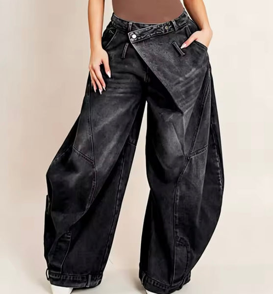 Women Fashion Denim Wrap Wide Leg Pants