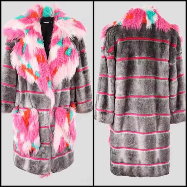 Women Multicolored Striped Fashion Faux Fur Jacket