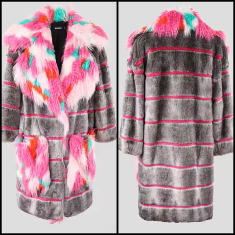 Women Multicolored Striped Fashion Faux Fur Jacket
