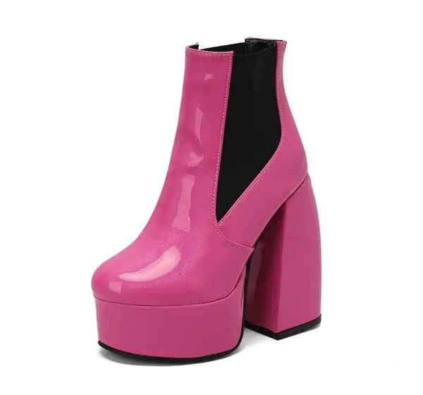 Women Fashion Round Toe Platform Patent Leather Ankle Boots