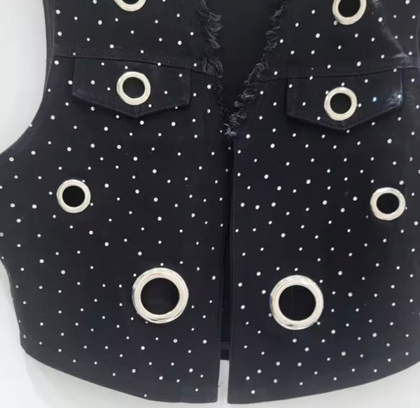 Women Fashion Black Bling Metal Ring Vest Two Piece Denim Pant Set