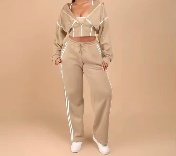 Women Fashion Striped Hooded Two Piece Tracksuit Pant Set