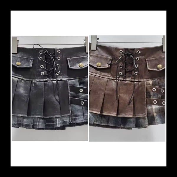 Women Fashion Faux Leather Buckled Plaid Pleated Skirt