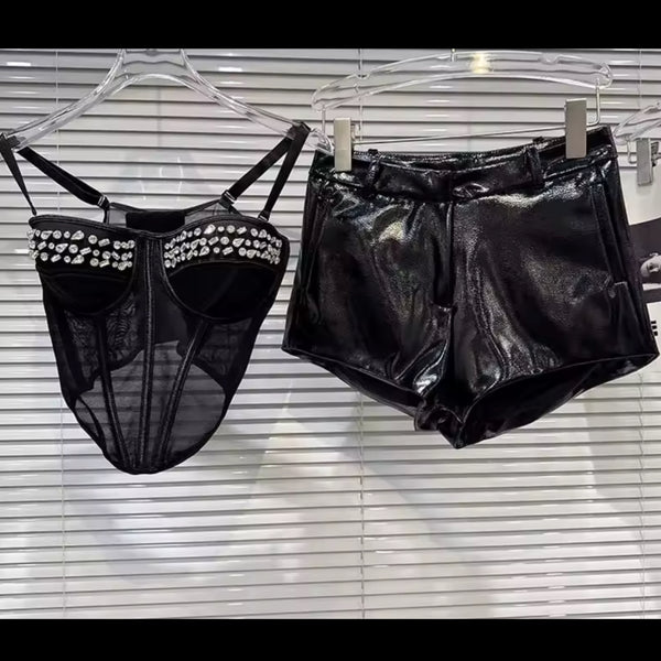 Women Rhinestone Sleeveless Mesh Two Piece PU Short Set