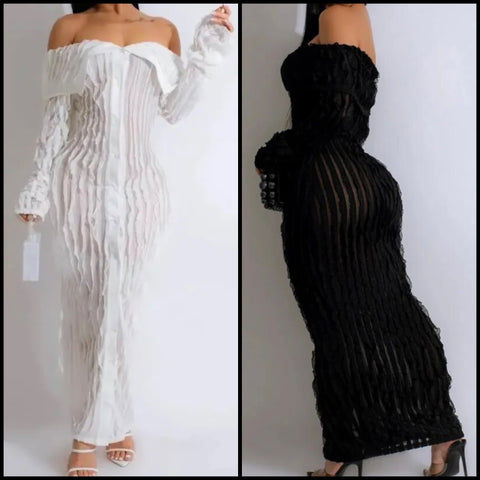 Women Sexy Off The Shoulder Full Sleeve Ruched See Through Maxi Dress