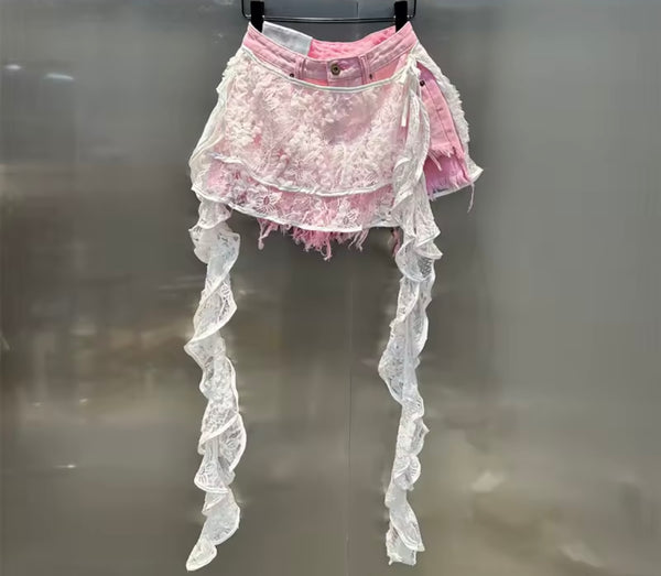Women Fashion Lace Patchwork Ripped Denim Shorts