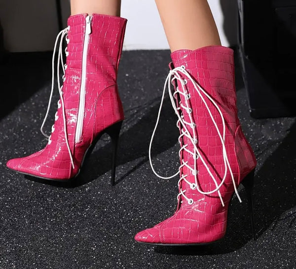Women Fashion Color Pointed Toe Lace Up Ankle/Mid Calf Boots