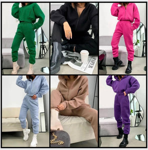 Women Fashion Color Hooded Zip Up Two Piece Tracksuit Pant Set