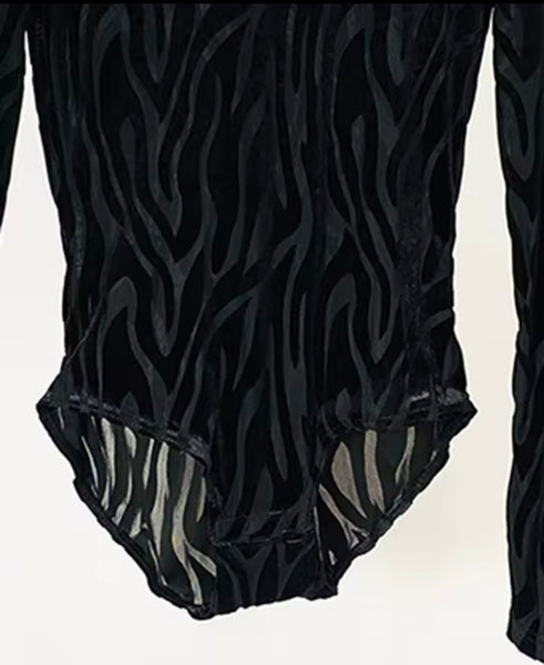 Women Sexy Black Printed See Through Bodysuit Two Piece Pant Set