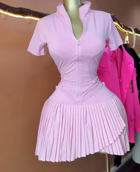 Women Zip Up Short Sleeve Sexy Two Piece Pleated Skirt Set