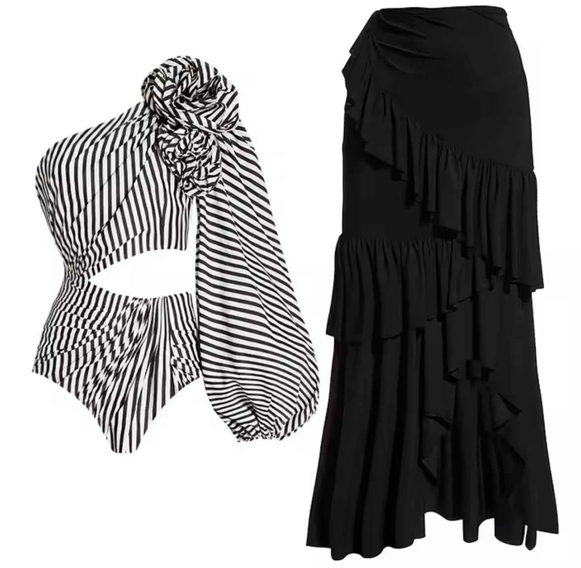 Women Sexy B&W Striped Swimsuit Cover Up Set