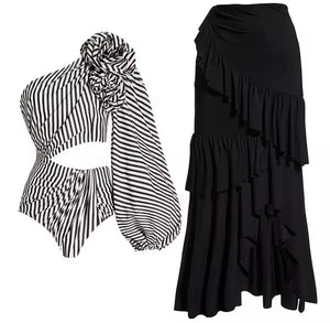 Women Sexy B&W Striped Swimsuit Cover Up Set