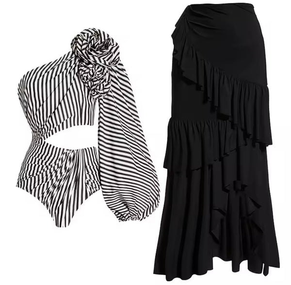 Women Sexy B&W Striped Swimsuit Cover Up Set