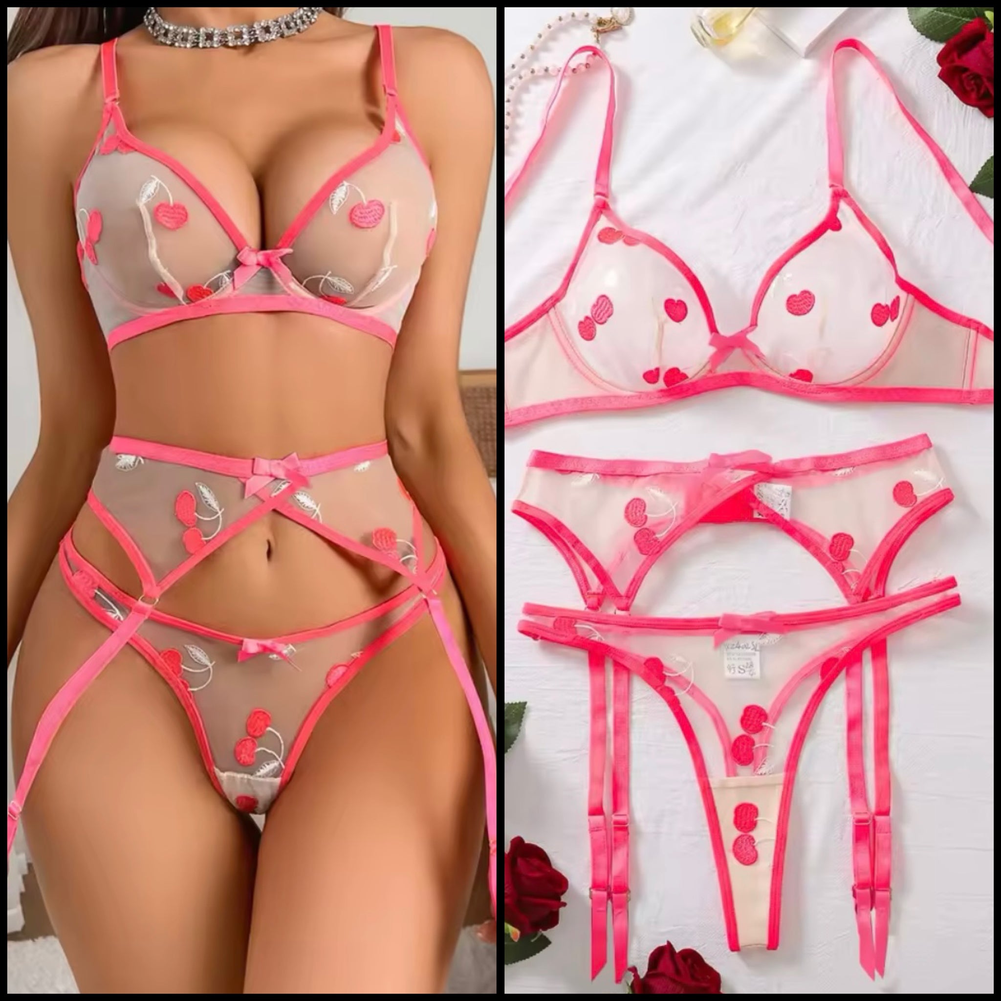 Women Sexy Pink Cherry Print Mesh Lingerie Set