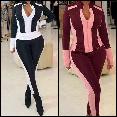 Women Color Patchwork Zip Up Tracksuit Two Piece Pant Set