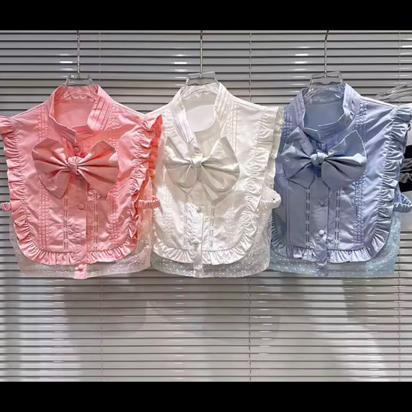 Women Ruffled Bow Button Up Sleeveless Top