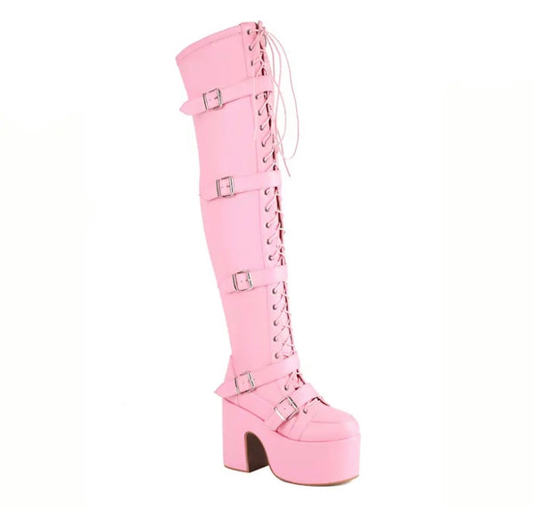 Women Fashion Over The Knee Lace Up Buckled Platform Boots