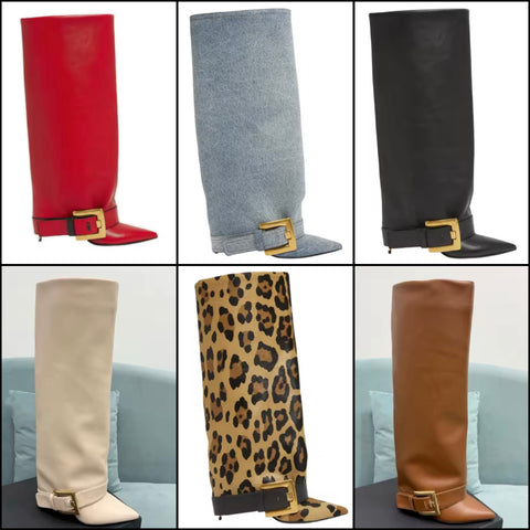 Women Fashion Gold Buckled Pointed Toe Knee High Boots