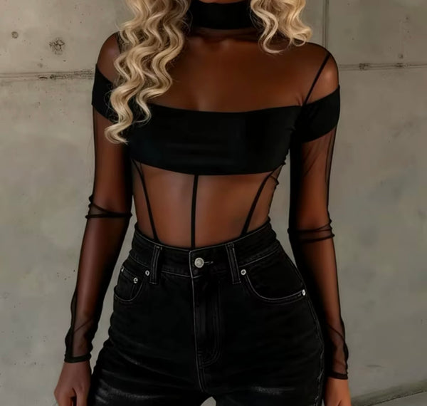 Women Sexy Fashion Black Mesh Full Sleeve Bodysuit Top