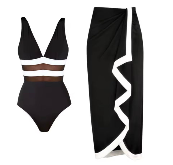 Women Sexy B&W Striped Swimsuit Cover Up Set