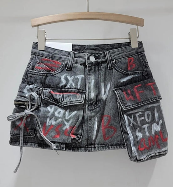 Women Fashion Graffiti Cargo Denim Skirt