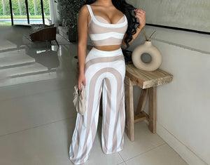 Women Sexy Fashion Sleeveless Striped Two Piece Pant Set