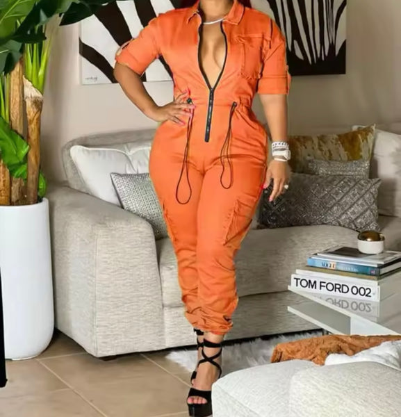 Women Color Zip Up Drawstring Fashion Jumpsuit