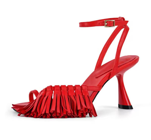 Women Open Toe Fringe Ankle Strap High Heel Sandals