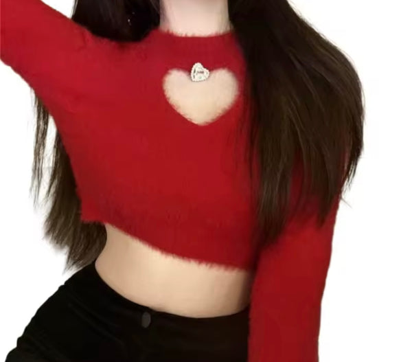 Women Fashion Furry Cut Out Heart Full Sleeve Crop Top