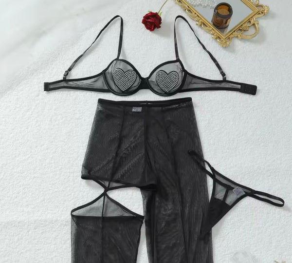 Women Sexy Bling Heart Black Mesh Three Piece Lingerie Set