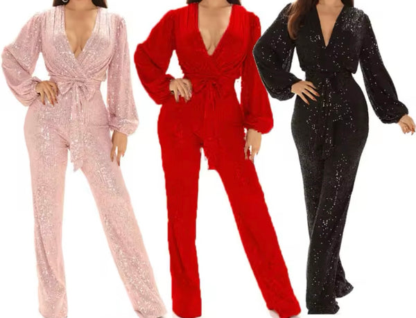 Women Sexy Sequins V-Neck Full Sleeve Tie Up Jumpsuit