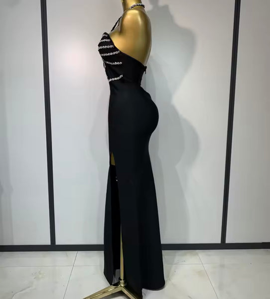 Women Sexy Rhinestone Halter Sleeveless Bandage Maxi Dress
