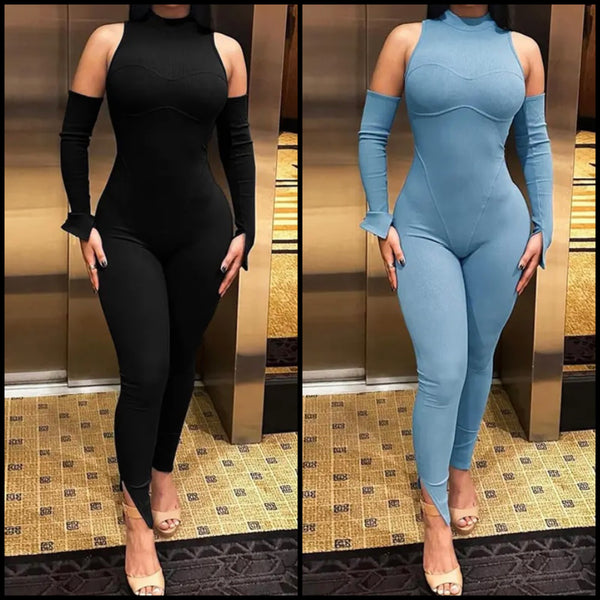 Women Sexy Solid Color Sleeveless Glove Ribbed Jumpsuit