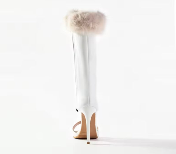 Women White Fashion Open Toe Fur Patchwork Boots