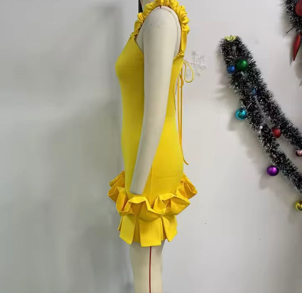 Women Sexy Sleeveless Ruffled Yellow Tie Open Back Dress