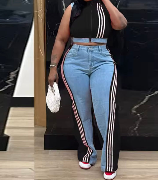 Women Zip Up Sleeveless Striped Color Denim Patchwork Two Piece Pant Set