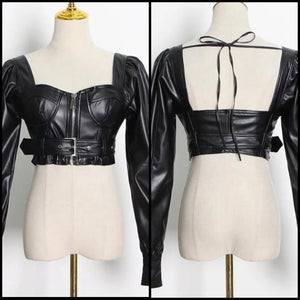 Women Black Zip Up Buckled Full Sleeve Faux Leather Crop Top
