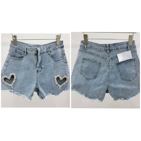 Women Fashion Bling Cut Out Heart Denim Shorts