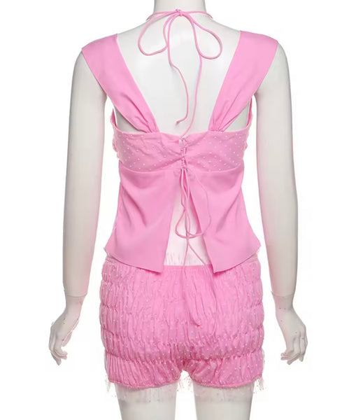 Women Color Sleeveless Fashion Ruched Two Piece Short Set