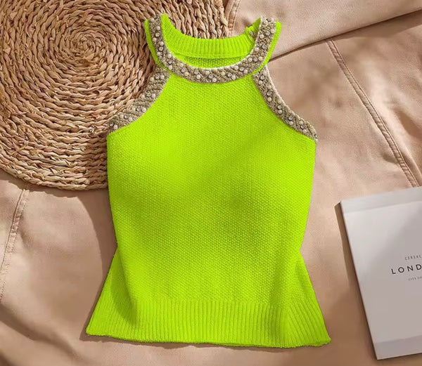 Women Beaded Bling Sleeveless Fashion Top