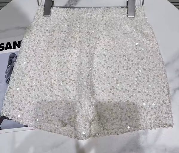 Women White Sequins Fashion Three Piece Short Set
