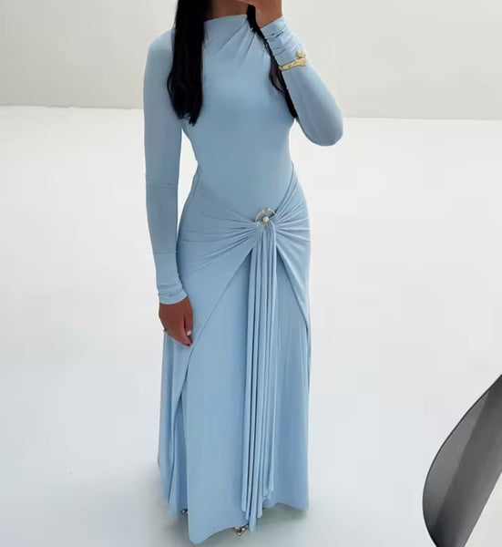 Women Sexy Solid Color Tassel Full Sleeve Maxi Dress