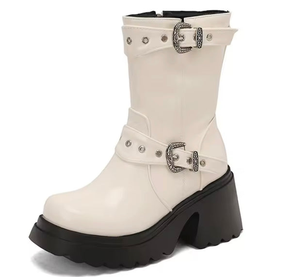 Women Fashion Double Buckle Platform Ankle Boots